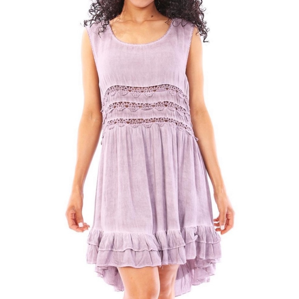 ENTRO Lavender Purple Crochet Ruffle Hem High-Low Dress, 100% Rayon, Summer, S